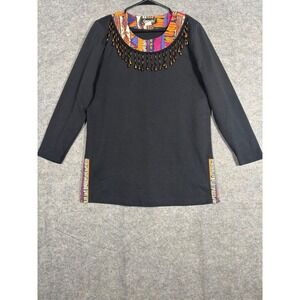 Gepetto Women's Black Beaded Tunic Top Colorful Print Collar Sides Medium
